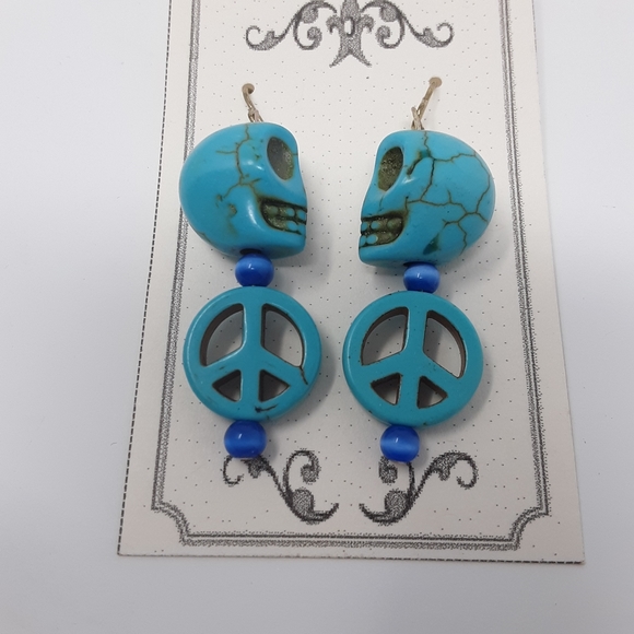Handmade Skull Peace Sign Repurposed Bead Earrings - Picture 3 of 8